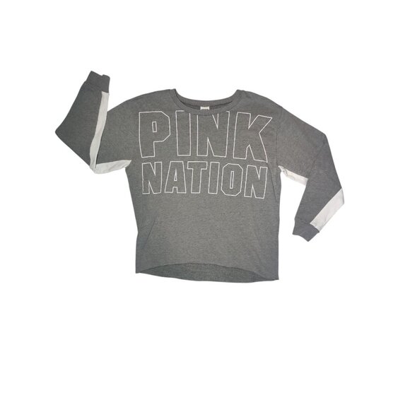 PINK Victoria's Secret Gray White Pullover Sweatshirt Raw Hem Logo M - Picture 1 of 6